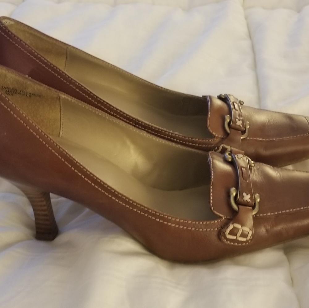 Worn once square-toe brown buckle Nickels pumps